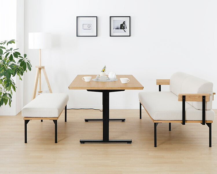 昇降テーブル 155×80cm 高さ49~74cm ダイニングテーブル オーク アイアン脚 2本脚 昇降式 シンプル リフティングテーブル 高さ調節 食卓 リビング ダイニング(代引不可)