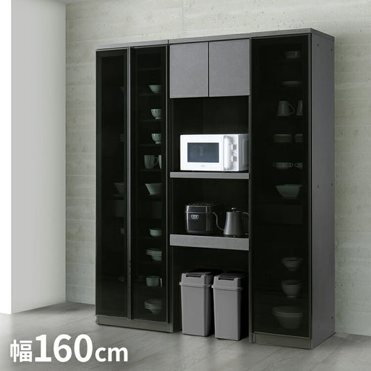 食器棚 幅160cm レンジボード 右開き ガラス戸 フルオープンレール ブラック レンジ台 キッチンボード ダイニングボード リビング ダイニング 台所 家族 ファミリー(代引不可)