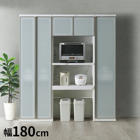 食器棚 幅180cm レンジボード 右開き ガラス戸 フルオープンレール ホワイト レンジ台 キッチンボード ダイニングボード リビング ダイニング 台所 家族 ファミリー(代引不可)