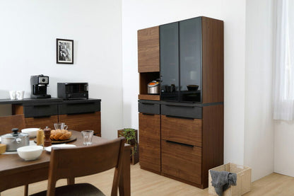 食器棚 キッチンボード 幅60 ブラックガラス 完成品 コンクリート調 スライドレール 1口コンセント付き 木目 木製 レンジ台 カップボード サイドボード おしゃれ(代引不可)