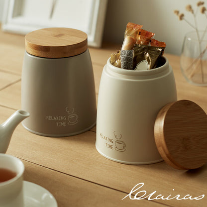 ストックケース 小物入れ スチール 竹素材 フタ付き おしゃれ 北欧 ラウンドケース 直径12.5 高さ14 コーヒー 紅茶 ストック 保存容器 収納 ストッカー 卓上整理