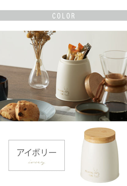 ストックケース 小物入れ スチール 竹素材 フタ付き おしゃれ 北欧 ラウンドケース 直径12.5 高さ14 コーヒー 紅茶 ストック 保存容器 収納 ストッカー 卓上整理