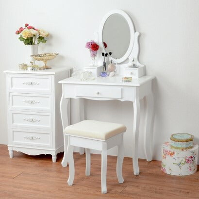 ドレッサー オーバルミラータイプ 幅75cm スツール付き ドレッサーテーブル ドレッサーデスク 姫系 ミラー 鏡 丸型 丸 白 おしゃれ 収納 可愛い アンティーク コンパクト 椅子付 セット(代引不可)
