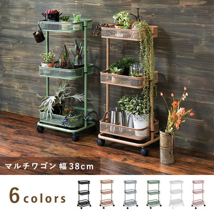 キッチンワゴン 3段 幅38cm 奥行26cm 高さ調節 マルチワゴン バスケットワゴン スリム キャスター付き キッチン収納 くすみカラー 韓国インテリア かわいい おしゃれ(代引不可)