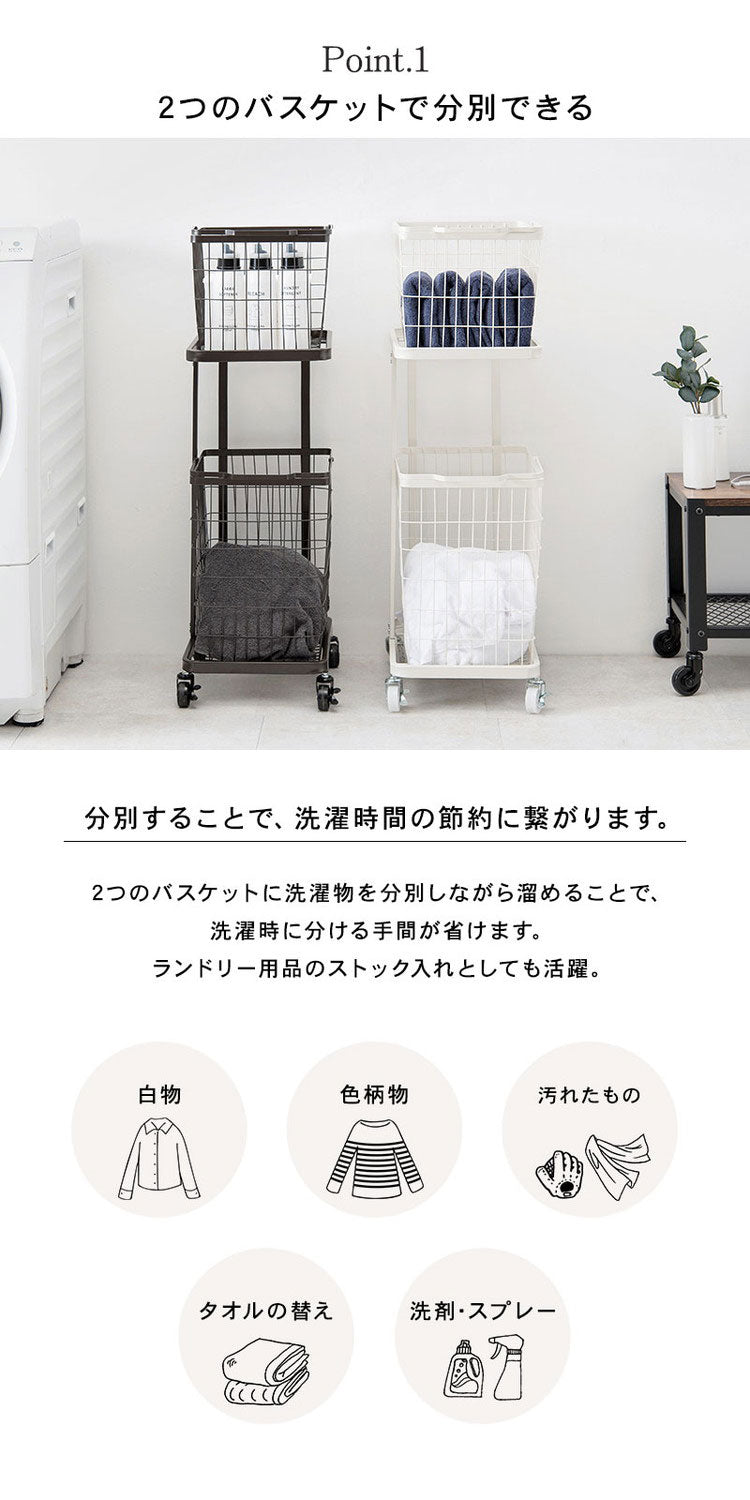 ランドリーワゴン+バスケット セット 2段 ランドリーラック シングル スリム キャスター付き 洗濯かご 洗濯カゴ 洗濯物入れ 洗濯物カゴ 脱衣かご スチール シンプル 白 ホワイト おしゃれ(代引不可)