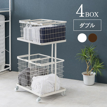 ランドリーワゴン+バスケット セット 2段 ランドリーラック ダブル ワイド キャスター付き 洗濯かご 洗濯カゴ 洗濯物入れ 洗濯物カゴ 脱衣かご スチール シンプル 白 ホワイト おしゃれ(代引不可)