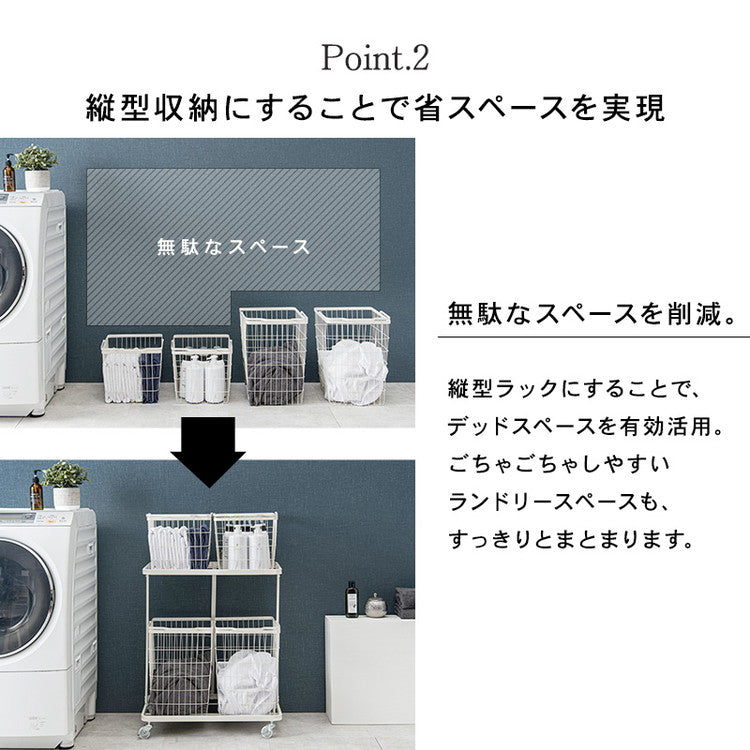 ランドリーワゴン+バスケット セット 2段 ランドリーラック ダブル ワイド キャスター付き 洗濯かご 洗濯カゴ 洗濯物入れ 洗濯物カゴ 脱衣かご スチール シンプル 白 ホワイト おしゃれ(代引不可)