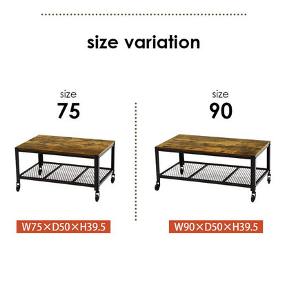 ヴィンテージ調 センターテーブル ローテーブル 幅75 リビングテーブル コーヒーテーブル カフェテーブル 棚付き 収納棚 キャスター付 インダストリアル スチール おしゃれ ブラウン ブラック 黒(代引不可)