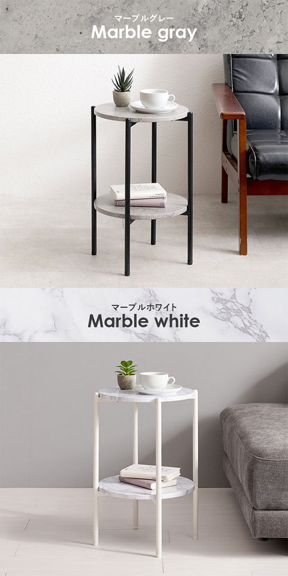 サイドテーブル 大理石調 木目調 直径30cm 円形 丸テーブル 棚付き ラック テーブル ソファサイド ベッドサイド マーブル調 コンクリート調 北欧 おしゃれ(代引不可)