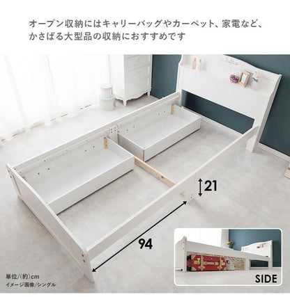 姫系 引出し収納付き ベッド セミダブル ホワイト 白 エレガント 収納付き チェストベッド 棚付き 宮棚 2口コンセント ベッドフレーム すのこベッド(代引不可)