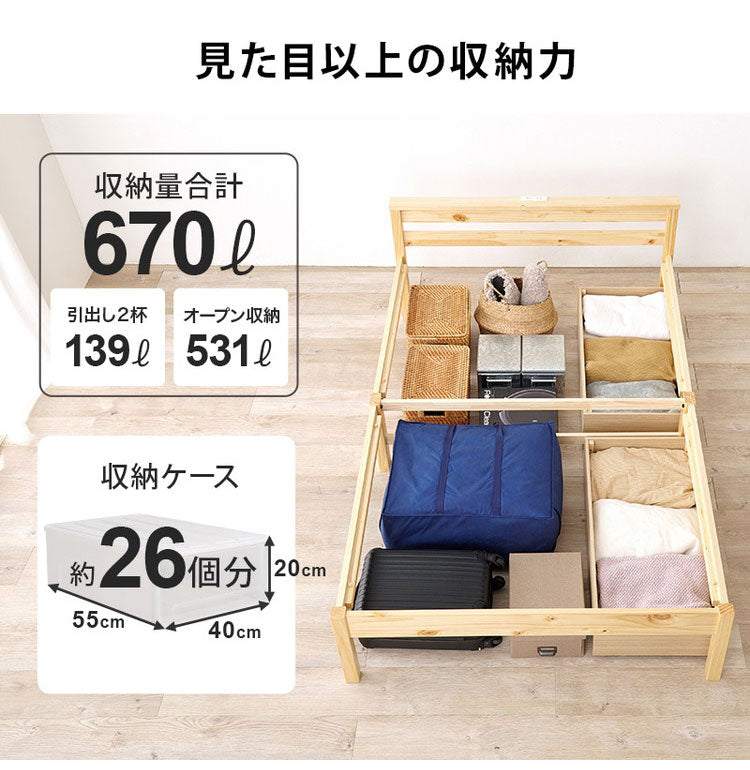 工具不要・簡単組立 引出し付き ベッド ボンネルコイルマットレス付き 2点セット セミダブル 耐荷重200kg 収納付き チェストベッド 棚付き 宮棚 2口コンセント ベッドフレーム すのこベッド(代引不可)