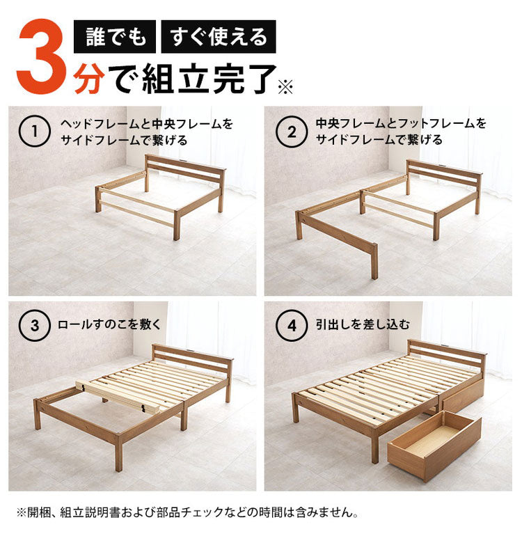 工具不要・簡単組立 引出し付き ベッド ポケットコイルマットレス付き 2点セット セミダブル 耐荷重200kg 収納付き チェストベッド 棚付き 宮棚 2口コンセント ベッドフレーム すのこベッド(代引不可)