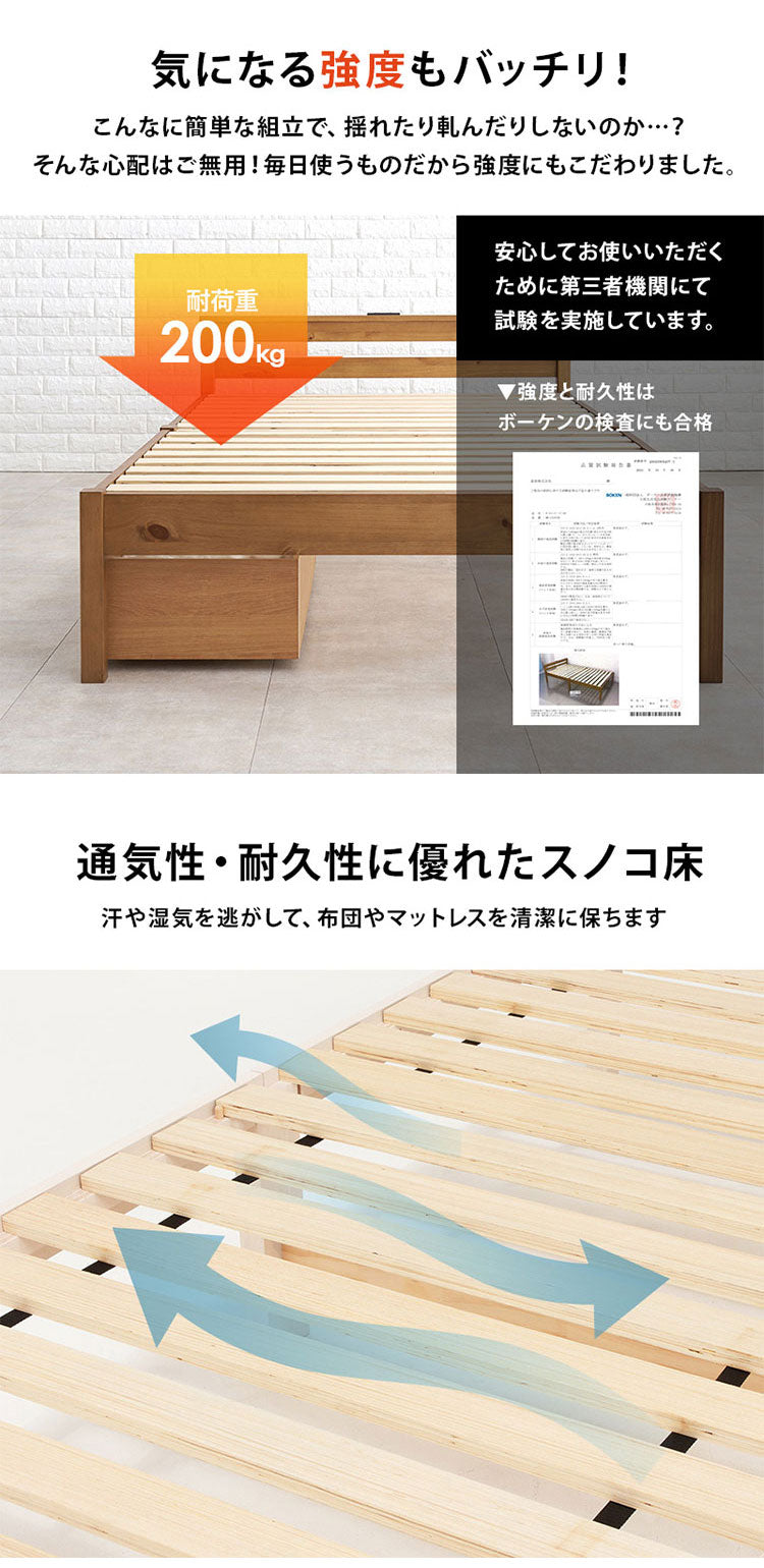 工具不要・簡単組立 引出し付き ベッド ポケットコイルマットレス付き 2点セット セミダブル 耐荷重200kg 収納付き チェストベッド 棚付き 宮棚 2口コンセント ベッドフレーム すのこベッド(代引不可)