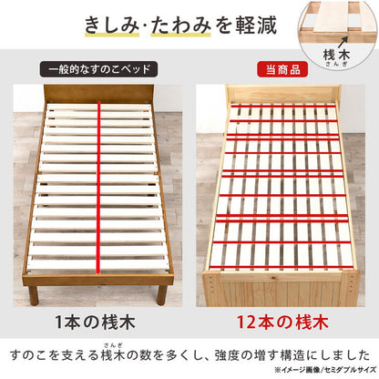 耐荷重350kg 頑丈すのこベッド シングル 高さ調節3段階 棚付き コンセント付き 敷き布団OK ロング 天然木 ベッドフレーム ベッド下 収納スペース 大容量 カントリー調(代引不可)
