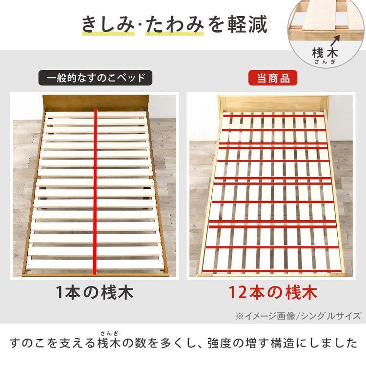 耐荷重350kg 頑丈すのこベッド セミダブル 高さ調節3段階 棚付き コンセント付き 敷き布団OK ロング 天然木 ベッドフレーム ベッド下 収納スペース 大容量 カントリー調(代引不可)
