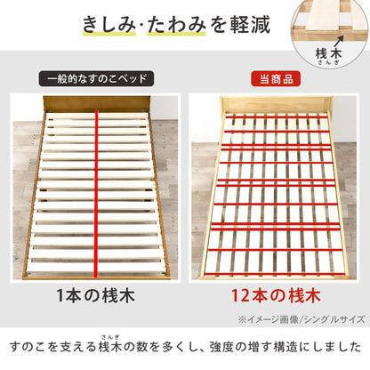 耐荷重350kg 頑丈すのこベッド セミダブル 高さ調節3段階 棚付き コンセント付き 敷き布団OK ロング 天然木 ベッドフレーム ベッド下 収納スペース 大容量 カントリー調(代引不可)