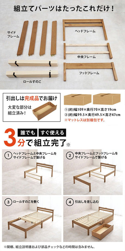 工具不要・簡単組立 引出し付き ベッド ポケットコイルマットレス付き 2点セット シングル 耐荷重200kg 棚付き 宮棚 2口コンセント ベッドフレーム すのこベッド(代引不可)
