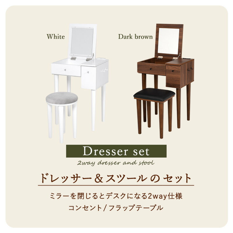 コンパクト デスクドレッサー 幅53 スツール付き 半完成品 2口コンセント 引き出し 収納 1面鏡 一面鏡 鏡台 ミラー テーブル メイク 可愛い かわいい おしゃれ(代引不可)