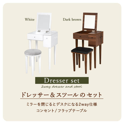 コンパクト デスクドレッサー 幅53 スツール付き 半完成品 2口コンセント 引き出し 収納 1面鏡 一面鏡 鏡台 ミラー テーブル メイク 可愛い かわいい おしゃれ(代引不可)