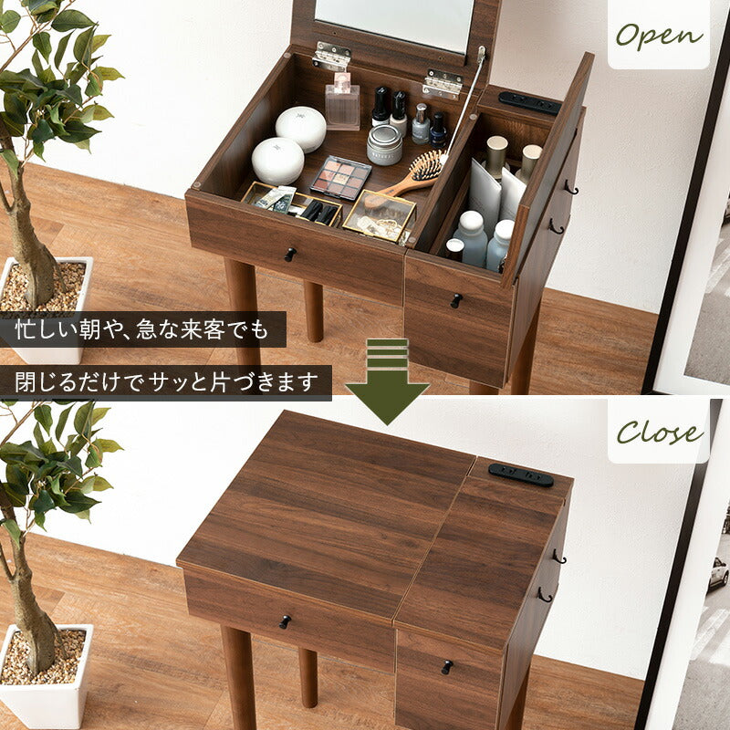 コンパクト デスクドレッサー 幅53 スツール付き 半完成品 2口コンセント 引き出し 収納 1面鏡 一面鏡 鏡台 ミラー テーブル メイク 可愛い かわいい おしゃれ(代引不可)