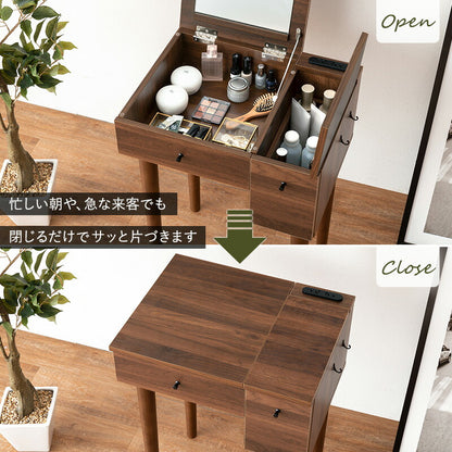 コンパクト デスクドレッサー 幅53 スツール付き 半完成品 2口コンセント 引き出し 収納 1面鏡 一面鏡 鏡台 ミラー テーブル メイク 可愛い かわいい おしゃれ(代引不可)
