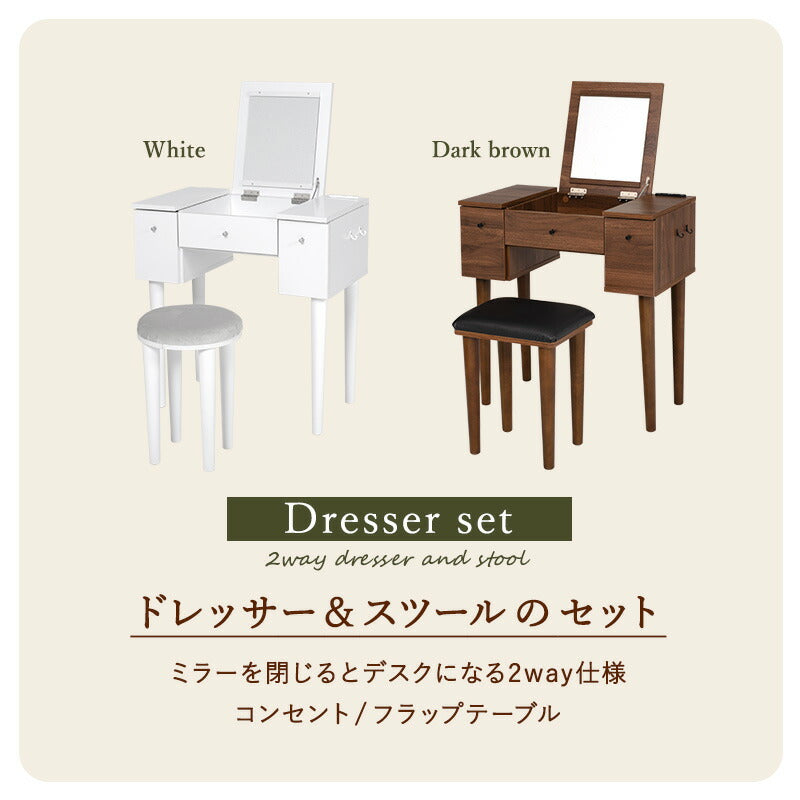 コンパクト デスクドレッサー 幅69 スツール付き 半完成品 2口コンセント 引き出し 収納 1面鏡 一面鏡 鏡台 ミラー テーブル メイク 可愛い かわいい おしゃれ(代引不可)