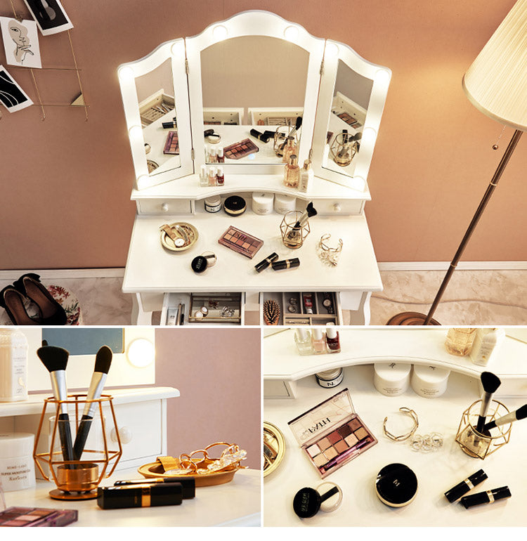 LEDライト付き エレガント 三面鏡 女優ドレッサー スツールセット 幅75cm 3色ライト 照明 ミラー 鏡 メイク 曲線脚 白 ホワイト おしゃれ かわいい 可愛い(代引不可)