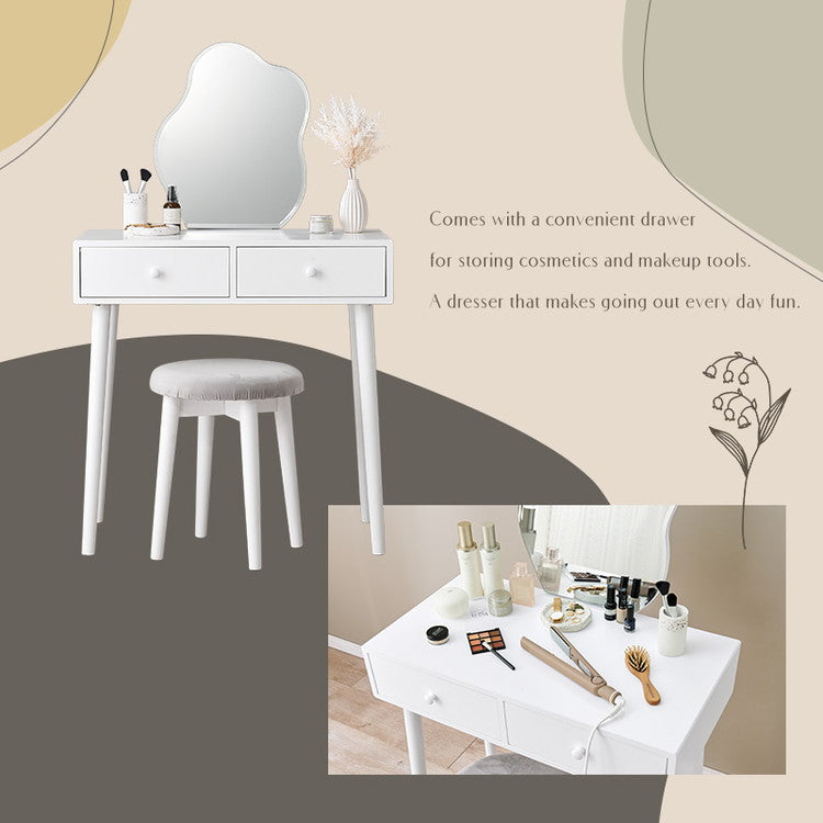 ウェーブミラーのドレッサー 幅75 スツール付き ウェーブミラー 大人可愛い シンプル ドレッサー 白 ホワイト 韓国インテリア 収納付き 鏡 曲線 変形ミラー 可愛い(代引不可)