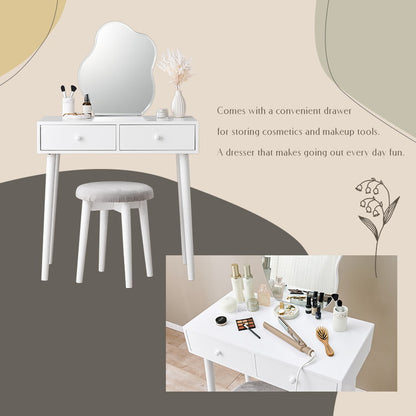 ウェーブミラーのドレッサー 幅75 スツール付き ウェーブミラー 大人可愛い シンプル ドレッサー 白 ホワイト 韓国インテリア 収納付き 鏡 曲線 変形ミラー 可愛い(代引不可)