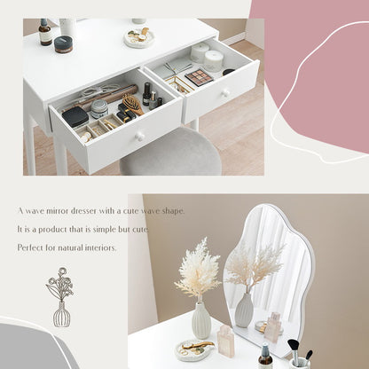 ウェーブミラーのドレッサー 幅75 スツール付き ウェーブミラー 大人可愛い シンプル ドレッサー 白 ホワイト 韓国インテリア 収納付き 鏡 曲線 変形ミラー 可愛い(代引不可)