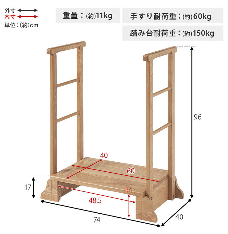 耐荷重150kg 手すり付き玄関踏み台 両側手すり 幅74cm 天然木 踏み台 頑丈 踏み台 ステップ 玄関 台 玄関踏み台 玄関ステップ 段差 昇降 玄関収納 つかまり 手すり(代引不可)