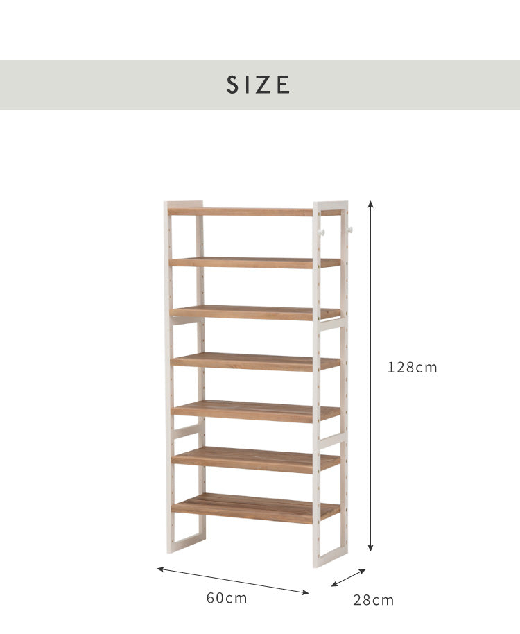 シューズラック 7段 幅60cm 天然木 玄関収納 靴箱 シューズボックス 下駄箱 オープンラック 木製 パイン材 可動棚 フック付き カントリー調(代引不可)