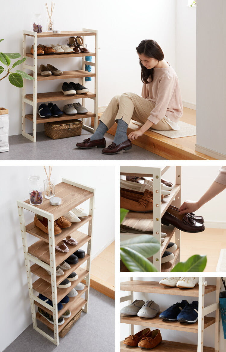 シューズラック 7段 幅60cm 天然木 玄関収納 靴箱 シューズボックス 下駄箱 オープンラック 木製 パイン材 可動棚 フック付き カントリー調(代引不可)