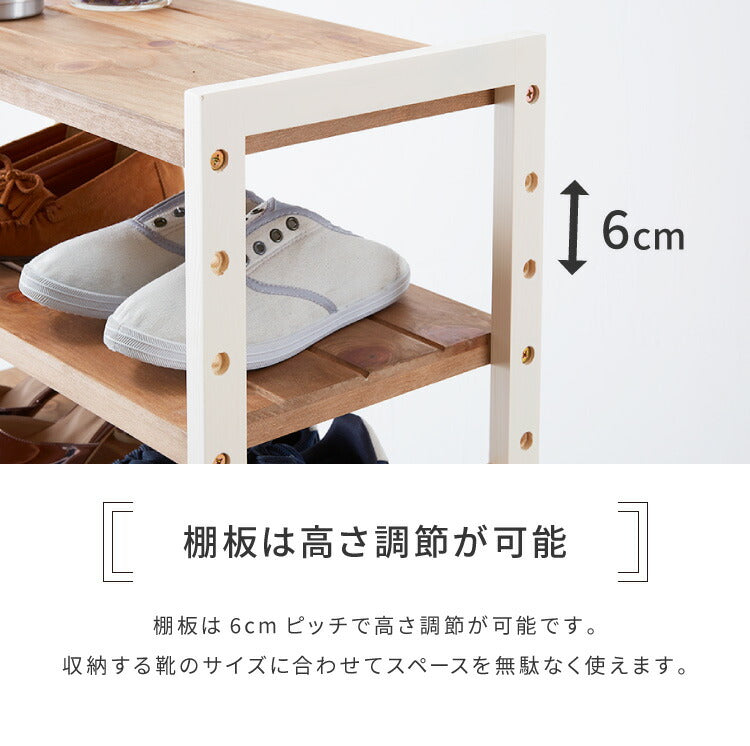 シューズラック 7段 幅60cm 天然木 玄関収納 靴箱 シューズボックス 下駄箱 オープンラック 木製 パイン材 可動棚 フック付き カントリー調(代引不可)