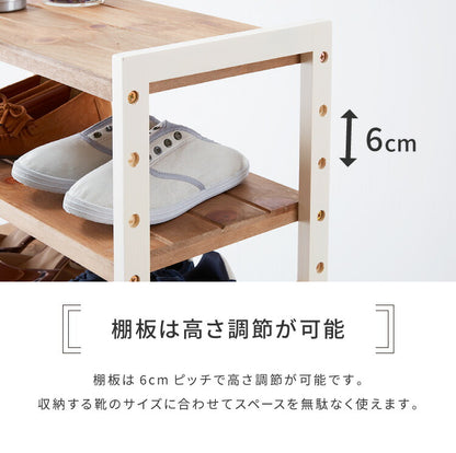 シューズラック 7段 幅60cm 天然木 玄関収納 靴箱 シューズボックス 下駄箱 オープンラック 木製 パイン材 可動棚 フック付き カントリー調(代引不可)