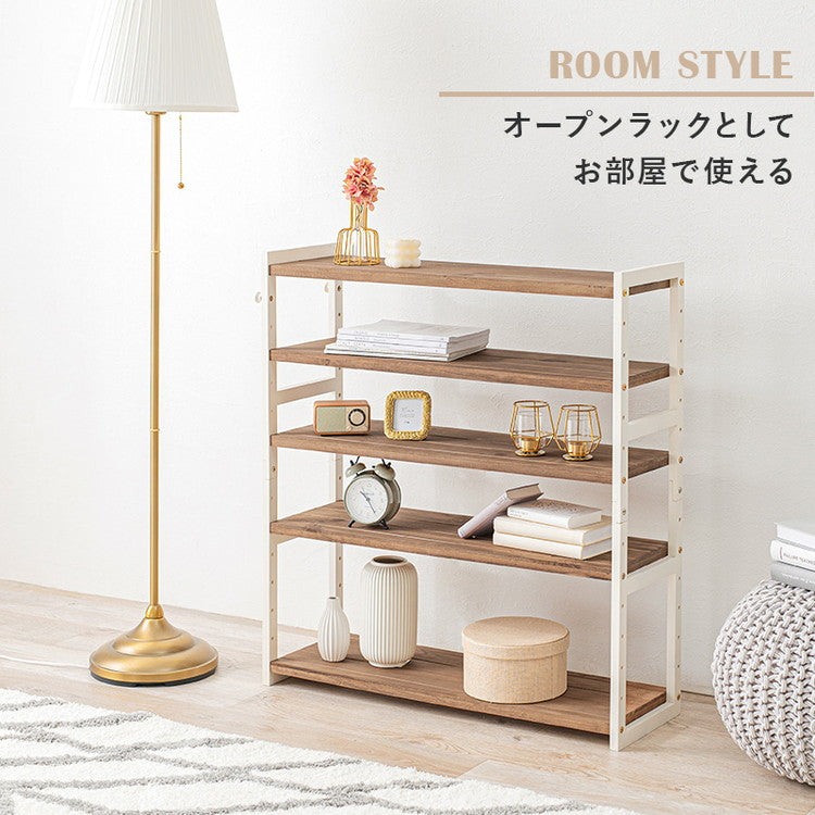 天然木 シューズラック 5段 幅85cm サンダルからブーツまで 可動棚 オープンラック 棚 収納 靴箱 シューズボックス 玄関収納 おしゃれ(代引不可)