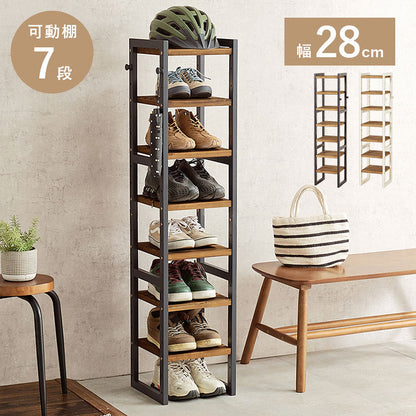天然木 シューズラック 7段 幅28cm サンダルからブーツまで 可動棚 オープンラック 棚 収納 靴箱 シューズボックス 玄関収納 スリム 隙間収納 すき間収納 おしゃれ(代引不可)