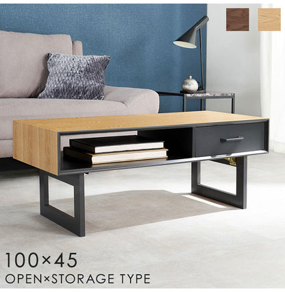 折れ脚デザインテーブル 100×45 収納付き 四角脚 インダストリアル 天然木 おしゃれ センターテーブル ローテーブル リビングテーブル 引き出し 引出し おしゃれ(代引不可)