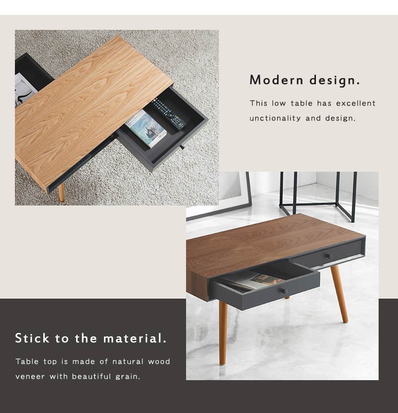 センターテーブル 天然木 引出し2杯 収納 幅80 シンプル モダン ダークトーン おしゃれ かっこいい 北欧 リビング 一人暮らし 新生活 ローテーブル 机 韓国インテリア(代引不可)