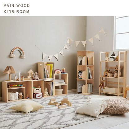 360度回転 天然木 本棚 幅39cm 3段 シェルフ 回転式 ラック 無塗装パイン材 棚 丸型 書棚 省スペース コーナーラック(代引不可)