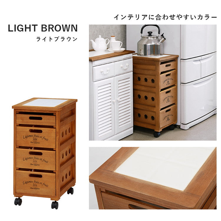 キッチンストッカー 幅30cm 4段 天然木 タイル天板 ワゴン 野菜ストッカー キッチンワゴン すき間収納 隙間収納 キャスター付き キッチン 収納庫 木製 キッチン収納(代引不可)