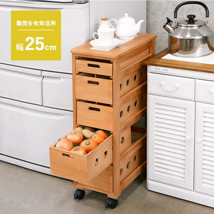 キッチンストッカー 木製 ワゴン 5段 幅25cm 完成品 野菜ストッカー すき間収納 隙間収納 天板タイル 引出し スリム キッチンワゴン おしゃれ 北欧 キャスター付き キッチンストッカー キッチン収納(代引不可)