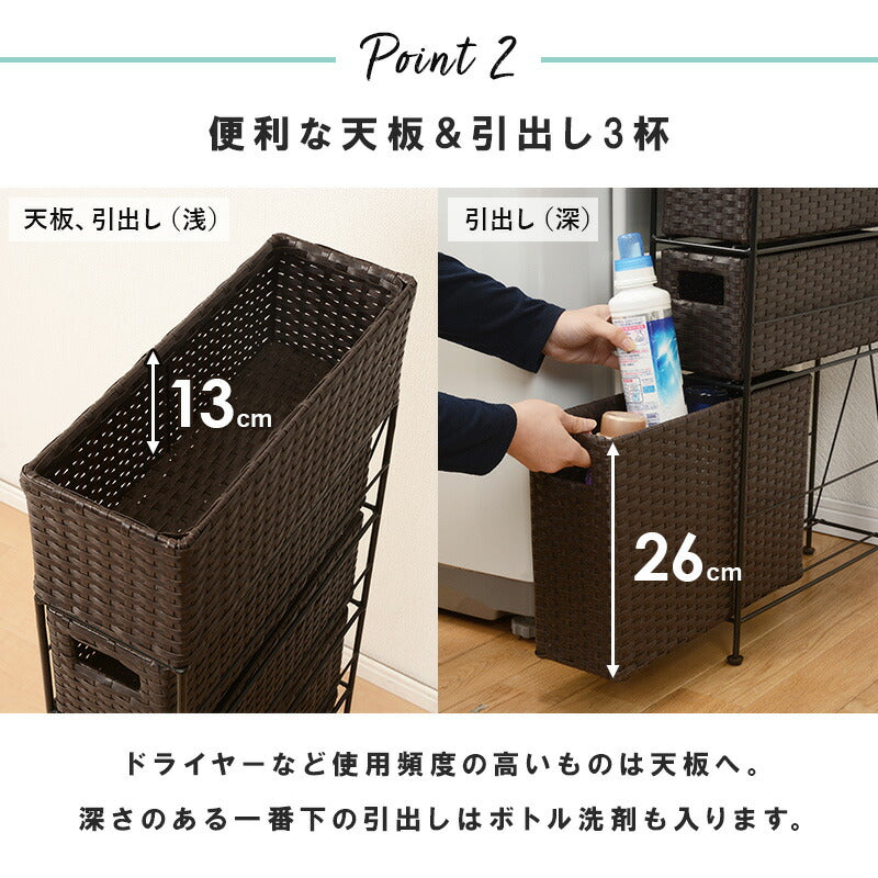 ランドリーラック 3杯 引き出し スリム 幅15.5cm ラタン調 完成品 収納 かご カゴ 籠 棚 すき間収納 スリム ランドリーバスケット キャスター ランドリーチェスト 洗面所 サニタリー 脱衣所(代引不可)