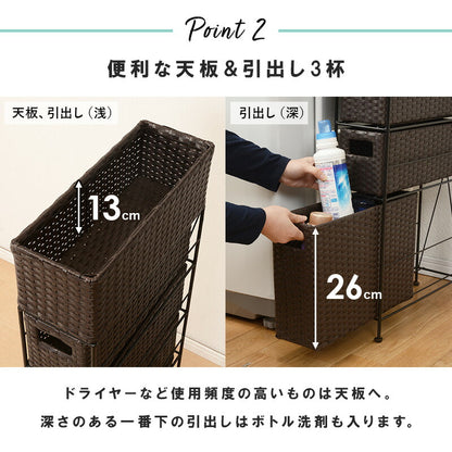 ランドリーラック 3杯 引き出し スリム 幅15.5cm ラタン調 完成品 収納 かご カゴ 籠 棚 すき間収納 スリム ランドリーバスケット キャスター ランドリーチェスト 洗面所 サニタリー 脱衣所(代引不可)