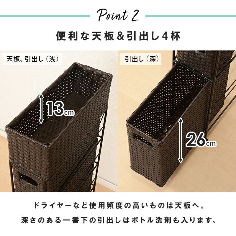 ランドリーラック 4杯 引き出し スリム 幅15.5cm ラタン調 完成品 収納 かご カゴ 籠 棚 すき間収納 スリム ランドリーバスケット キャスター ランドリーチェスト 洗面所 サニタリー 脱衣所(代引不可)