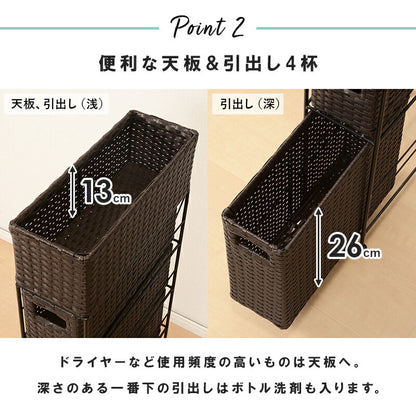 ランドリーラック 4杯 引き出し スリム 幅15.5cm ラタン調 完成品 収納 かご カゴ 籠 棚 すき間収納 スリム ランドリーバスケット キャスター ランドリーチェスト 洗面所 サニタリー 脱衣所(代引不可)
