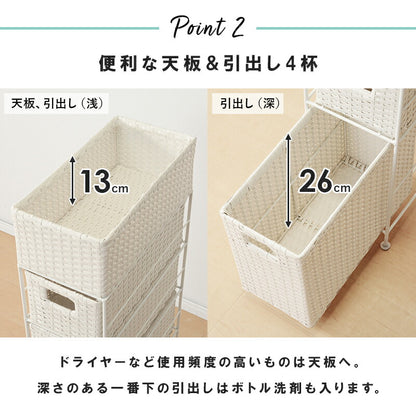 ランドリーラック 4杯 引き出し スリム 幅20.5cm ラタン調 完成品 収納 かご カゴ 籠 棚 すき間収納 スリム ランドリーバスケット キャスター ランドリーチェスト 洗面所 サニタリー 脱衣所(代引不可)