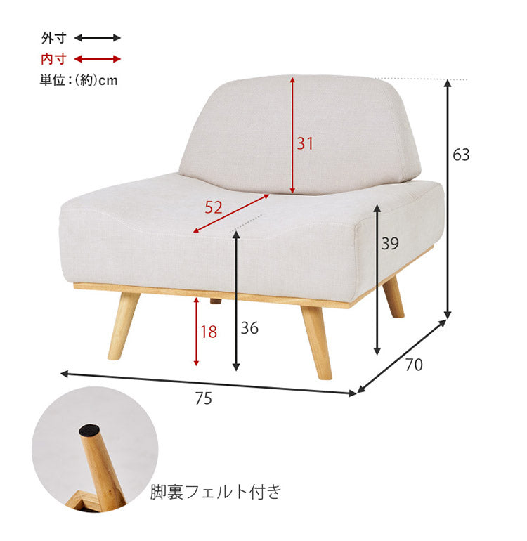 アームレスソファ ゆったり座面 幅75 奥行ワイド 脚付き 1人掛け 肘無し 1P 北欧 おしゃれ 天然木脚 ローソファー ファブリック 1Pソファ(代引不可)