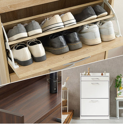 シューズラック 奥行24cm スリム 2段 最大12足収納 すっきり隠せる フラップ扉 玄関収納 引き出し付き シューズボックス 靴箱 下駄箱 スリムラック おしゃれ(代引不可)