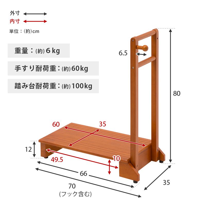 手すり付き玄関踏み台 片手スリムタイプ 転倒防止 幅70cm 玄関台 木製 片側 靴 収納 段差 階段 玄関ステップ ステップ台(代引不可)